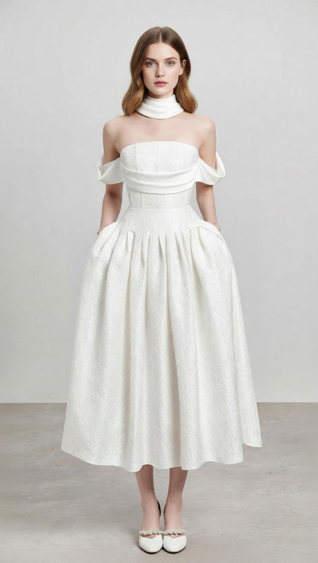 Jela Elegant White Corset Off-Shoulder Midi Dress with Pockets