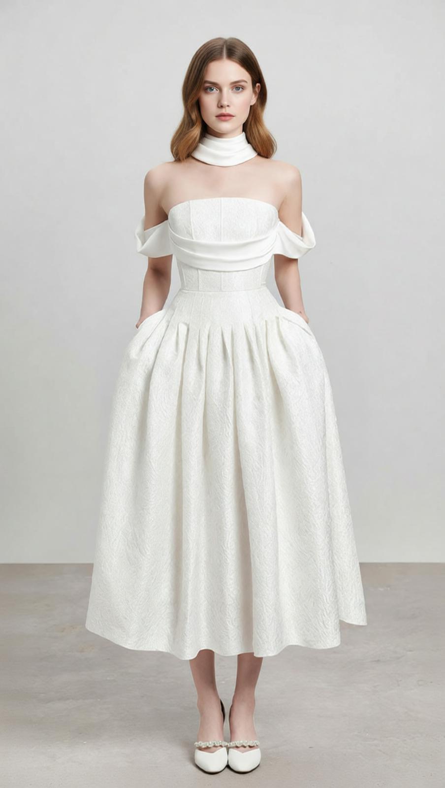 Jela Elegant White Corset Off-Shoulder Midi Dress with Pockets