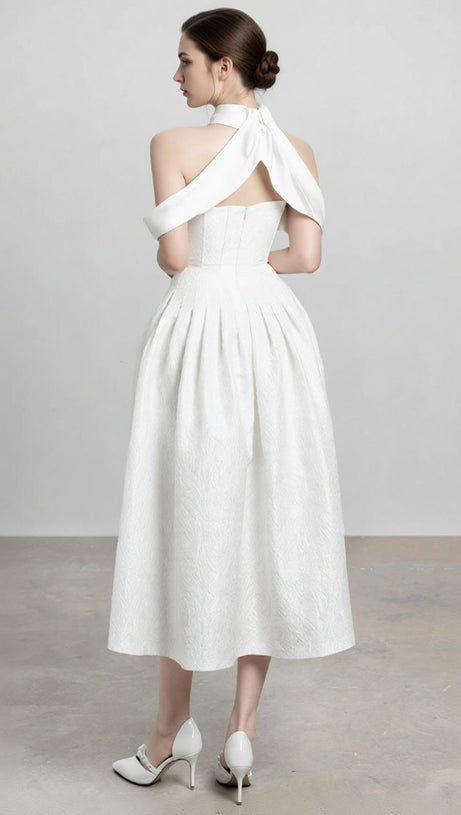 Jela Elegant White Corset Off-Shoulder Midi Dress with Pockets