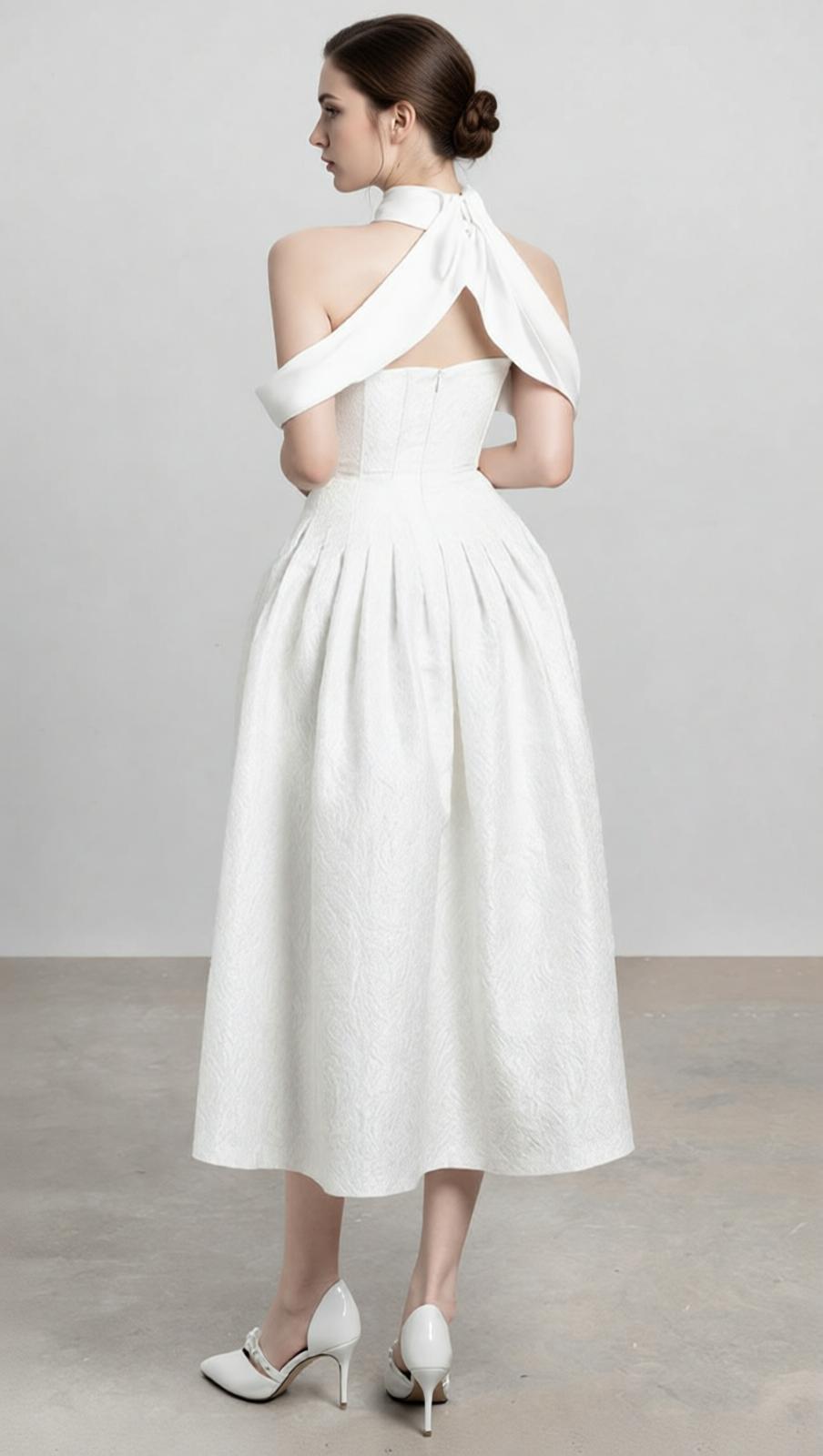 Jela Elegant White Corset Off-Shoulder Midi Dress with Pockets