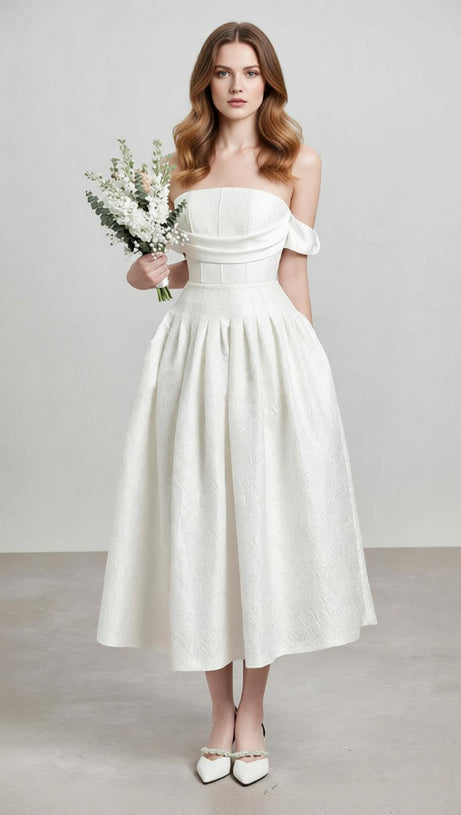 Jela Elegant White Corset Off-Shoulder Midi Dress with Pockets