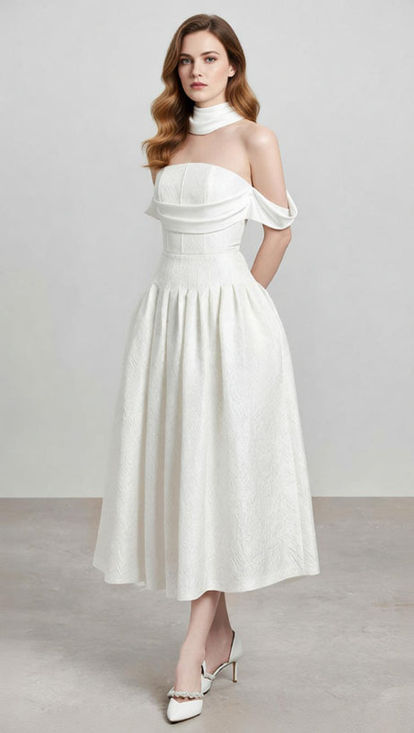 Jela Elegant White Corset Off-Shoulder Midi Dress with Pockets