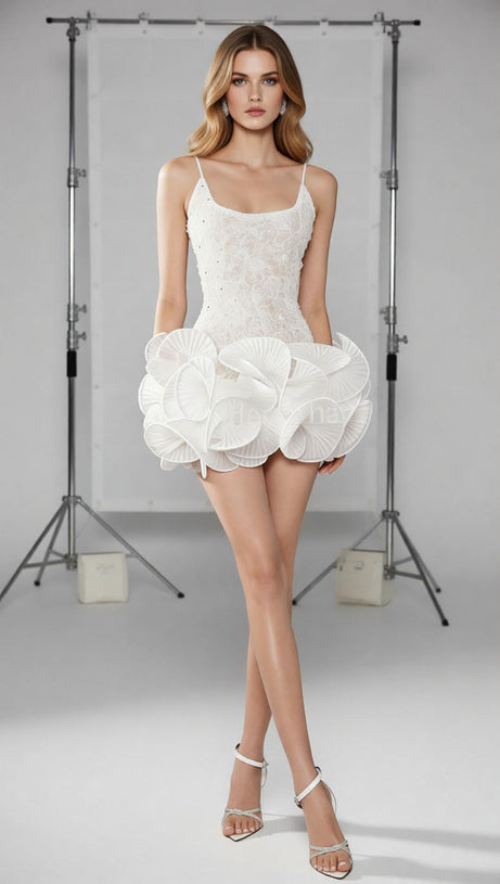 Jem Chic White Petal Ruffle Mini Dress | Strappy Lace Bodice