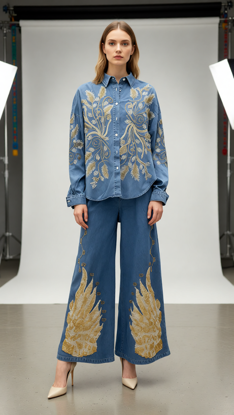 Jena Artisan Embroidered Denim Set - Women's Boho Chic Wide-Leg Pants & Shirt