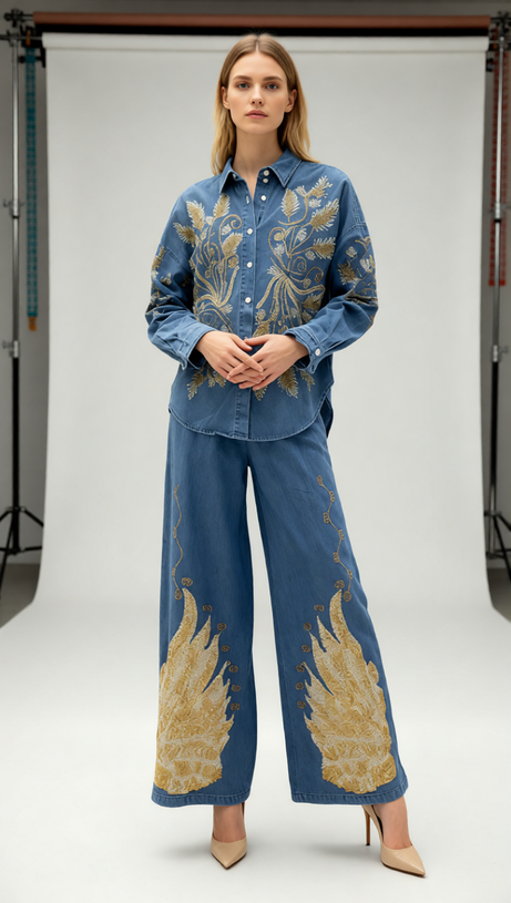 Jena Artisan Embroidered Denim Set - Women's Boho Chic Wide-Leg Pants & Shirt
