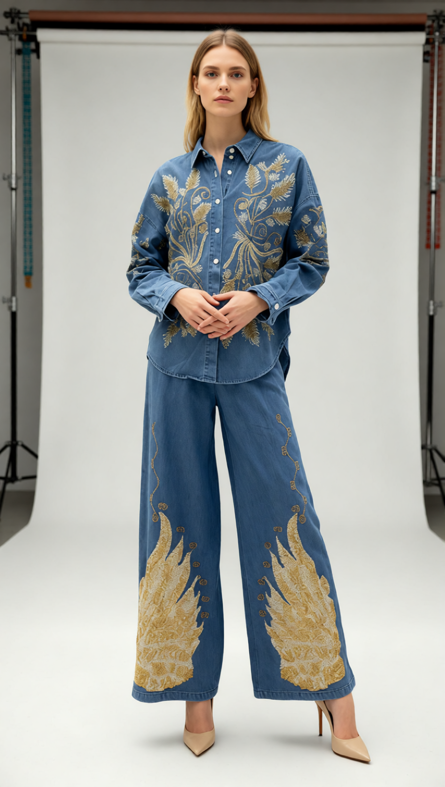 Jena Artisan Embroidered Denim Set - Women's Boho Chic Wide-Leg Pants & Shirt
