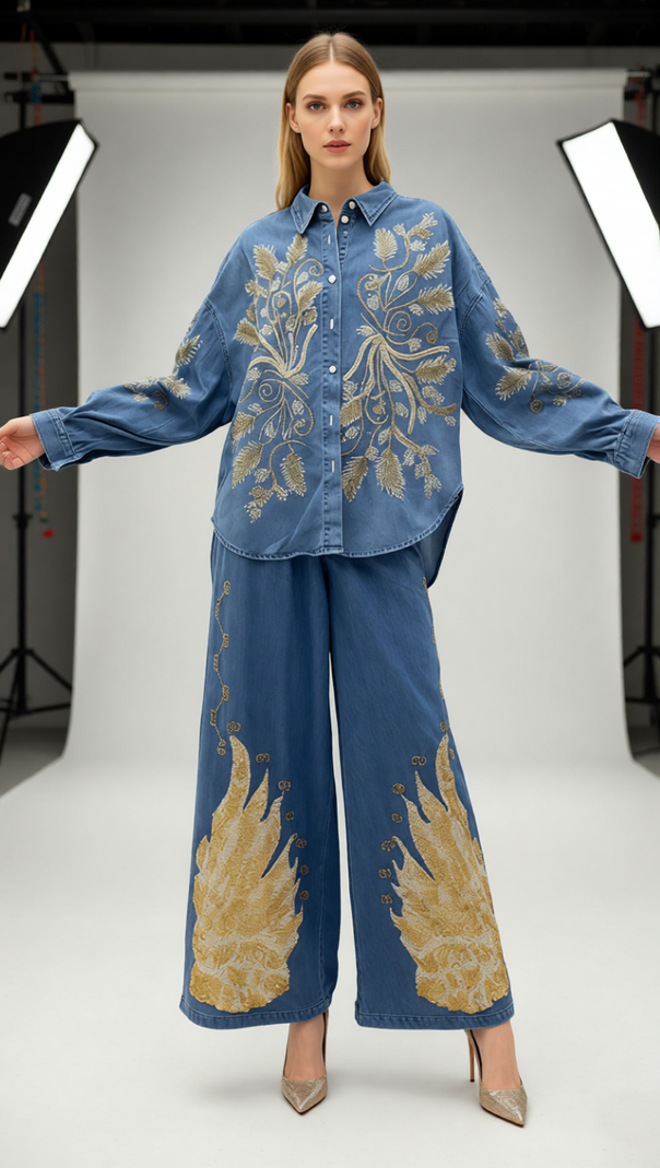 AIIZIE Jena Artisan Embroidered Denim Set - Women's Boho Chic Wide-Leg Pants & Shirt - product image