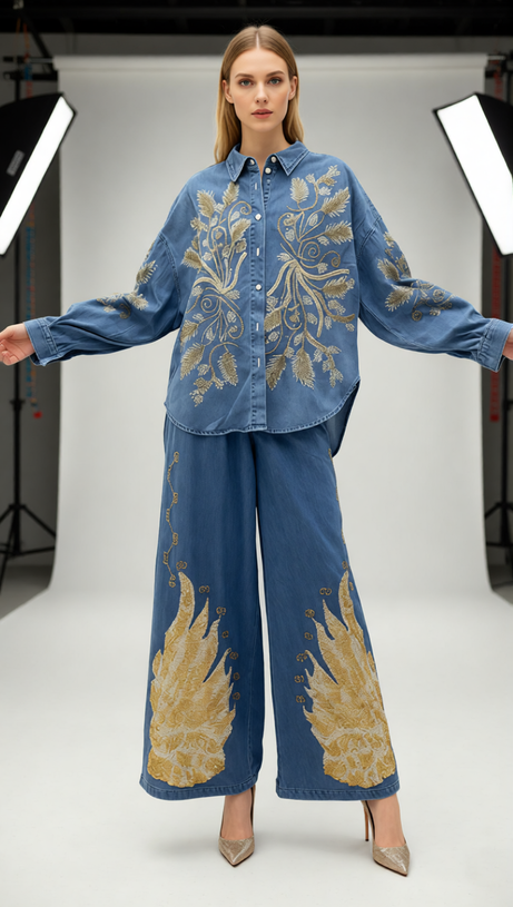 Jena Artisan Embroidered Denim Set - Women's Boho Chic Wide-Leg Pants & Shirt