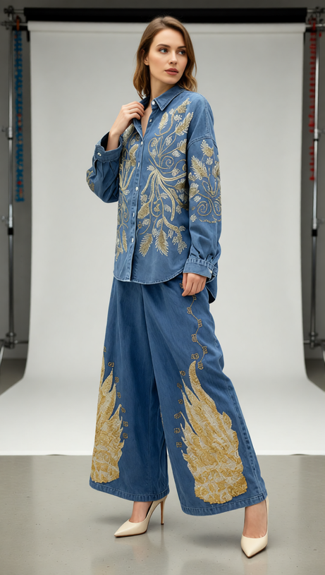 Jena Artisan Embroidered Denim Set - Women's Boho Chic Wide-Leg Pants & Shirt