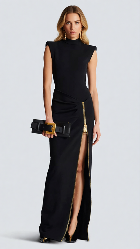 Jendayi Black Zipper Slit Maxi Dress - Edgy Elegance for Women