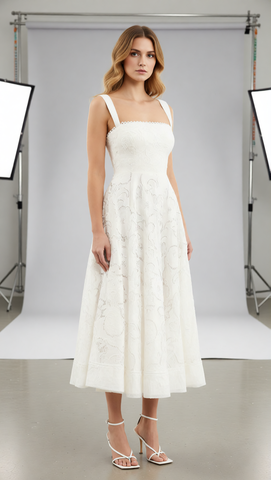 Jenelle Elegant White Floral Embroidered Midi Dress | Strappy Square Neck for Summer Events