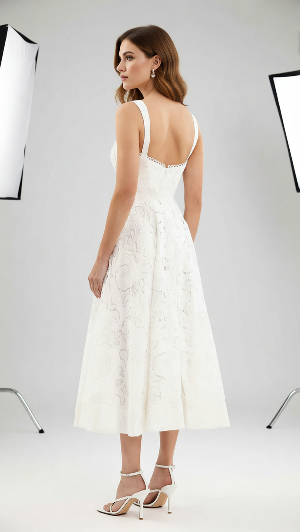 AIIZIE Jenelle Elegant White Floral Embroidered Midi Dress | Strappy Square Neck for Summer Events - product image