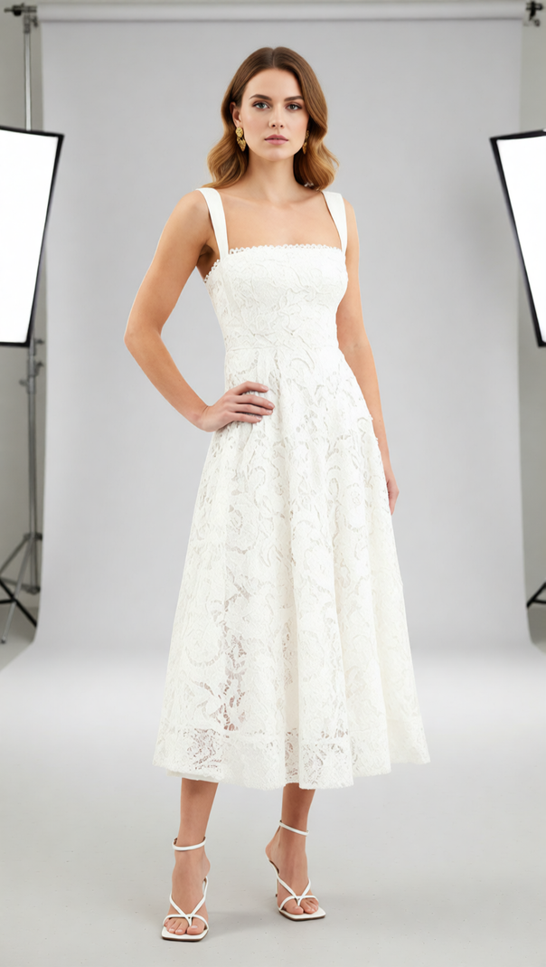 AIIZIE Jenelle Elegant White Floral Embroidered Midi Dress | Strappy Square Neck for Summer Events - product image
