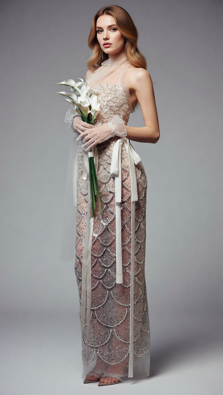 Jenna Scallop Sequin Backless Maxi Dress - Glamorous Event Gown