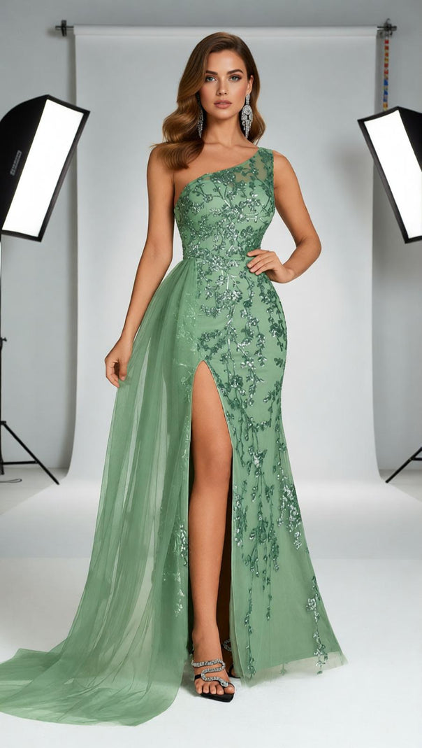 AIIZIE Jenne Glamorous One-Shoulder Sequin Mesh Maxi Gown with Slit - product image