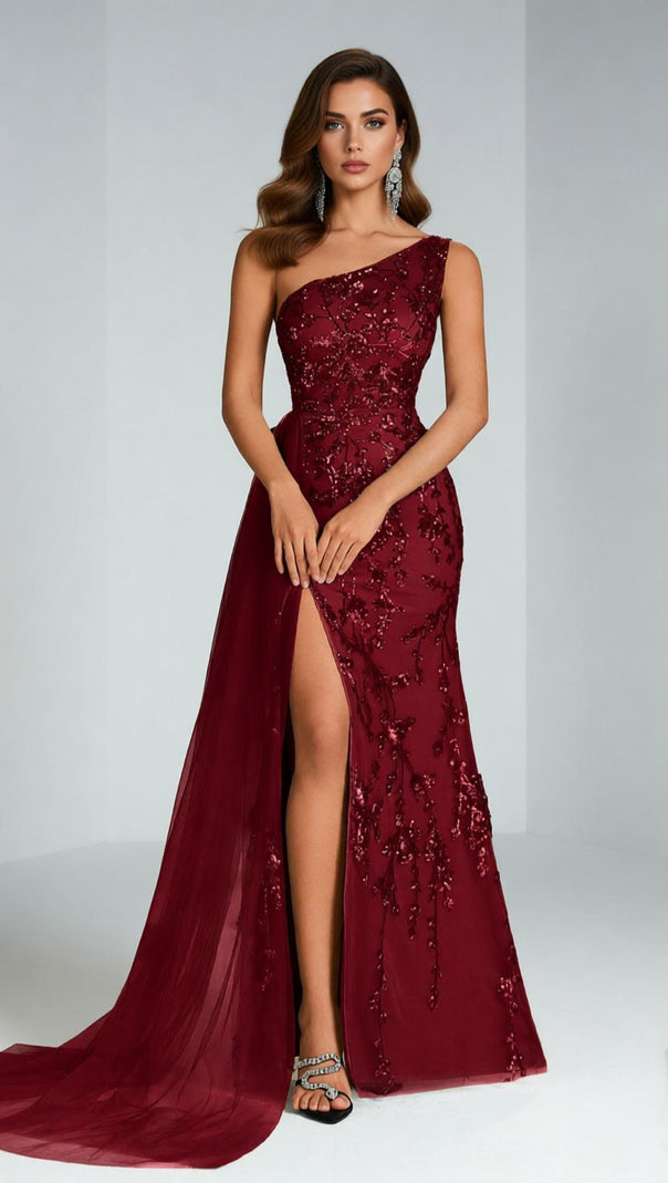 AIIZIE Jenne Glamorous One-Shoulder Sequin Mesh Maxi Gown with Slit - product image