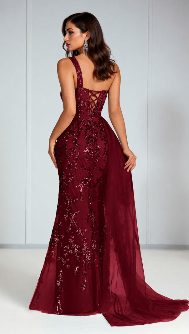 AIIZIE Jenne Glamorous One-Shoulder Sequin Mesh Maxi Gown with Slit - product image