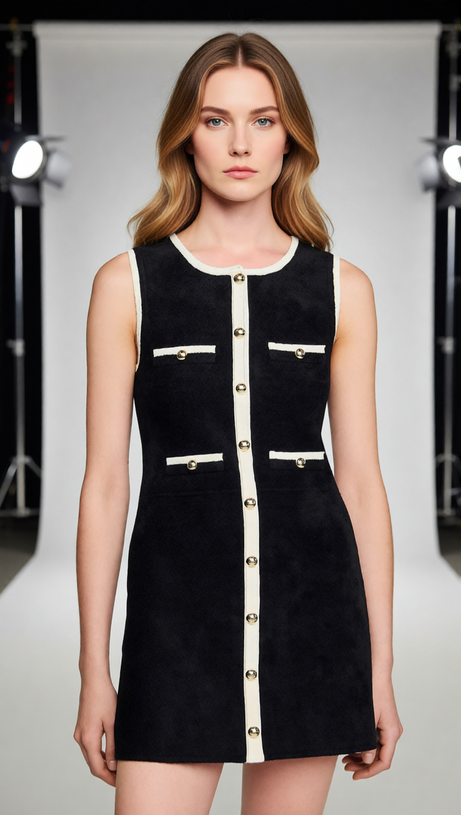 Jenne Black Sleeveless Mini Dress with Contrast Trim & Gold Button Details