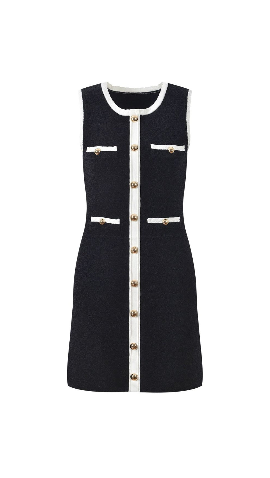 Jenne Black Sleeveless Mini Dress with Contrast Trim & Gold Button Details