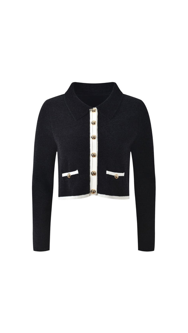 AIIZIE Jenne Chic Two-Tone Knit Cardigan Top | Classic Black & Cream Trim - product image