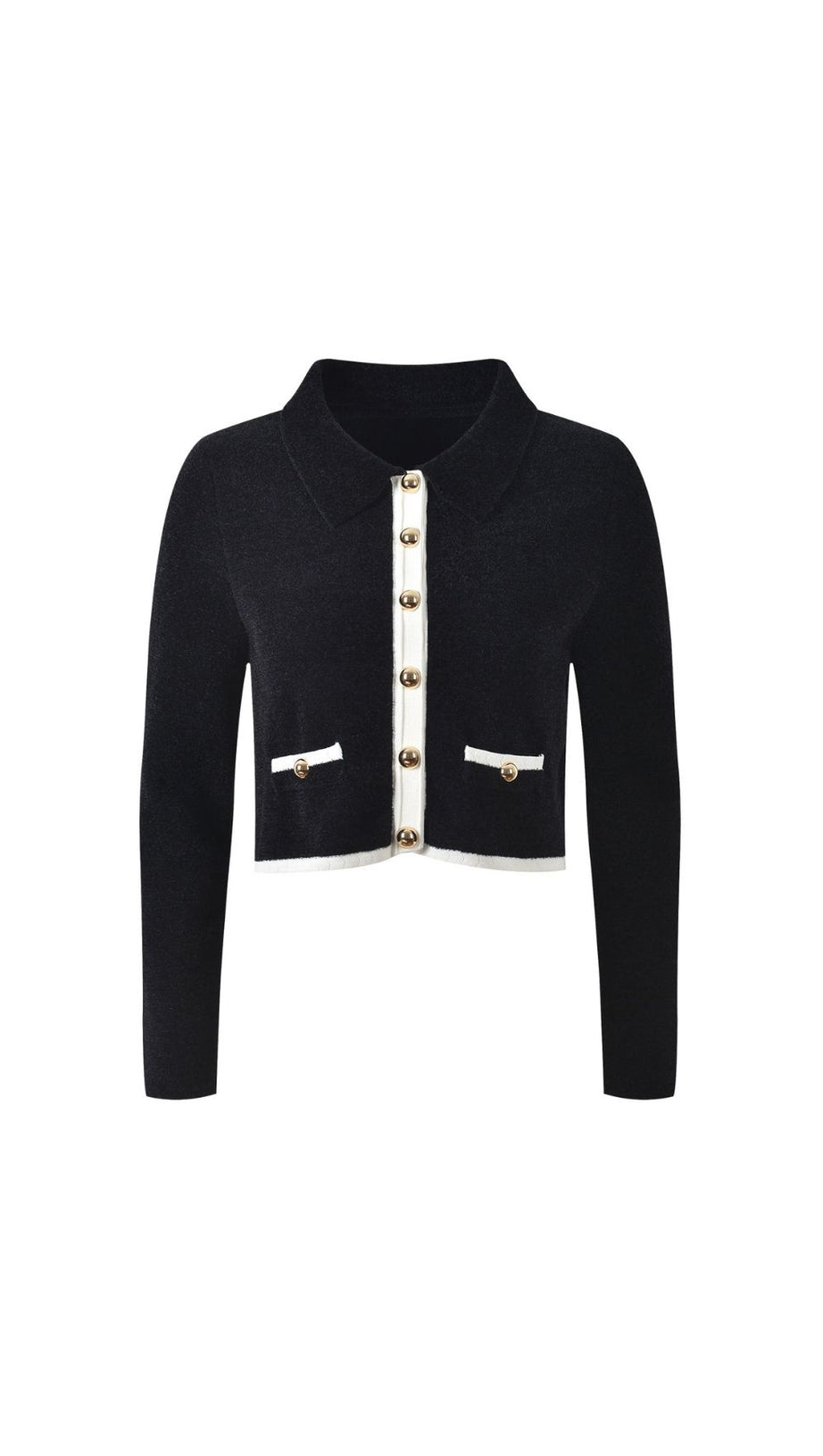 Jenne Chic Two-Tone Knit Cardigan Top | Classic Black & Cream Trim