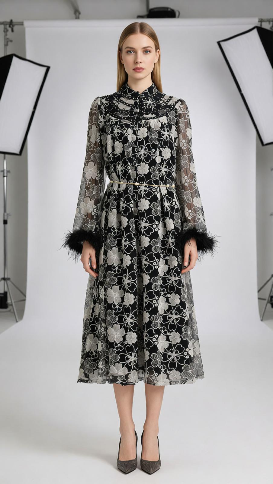 Jenner Floral Lace Midi Dress - Elegant Long Sleeve with Feather Cuffs