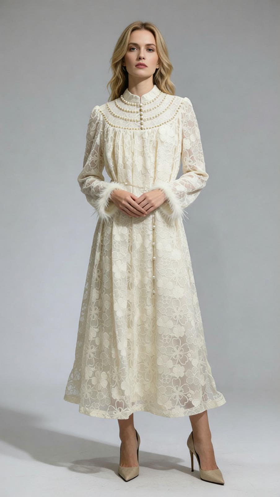 Jenner Floral Lace Midi Dress - Elegant Long Sleeve with Feather Cuffs