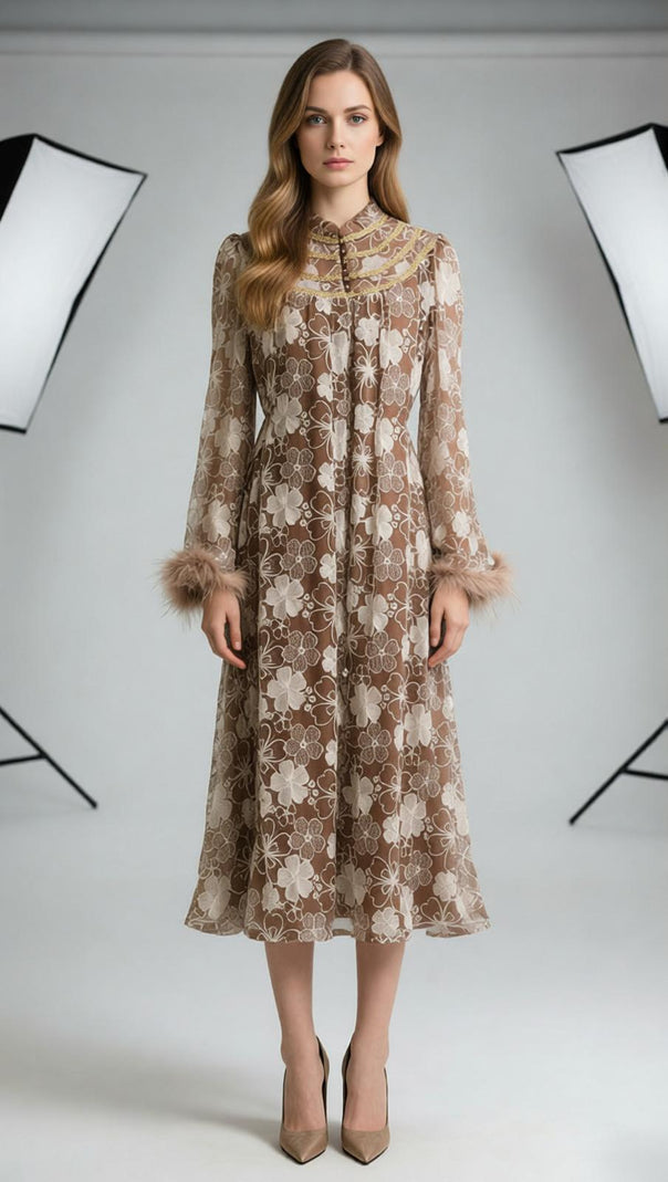 AIIZIE Jenner Floral Lace Midi Dress - Elegant Long Sleeve with Feather Cuffs - product image