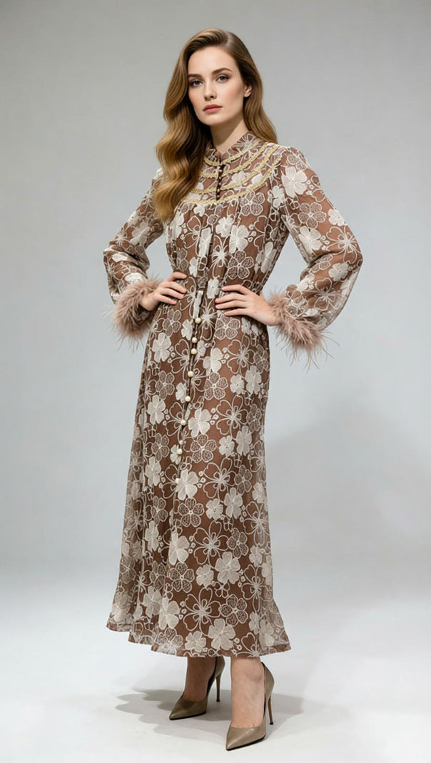 AIIZIE Jenner Floral Lace Midi Dress - Elegant Long Sleeve with Feather Cuffs - product image