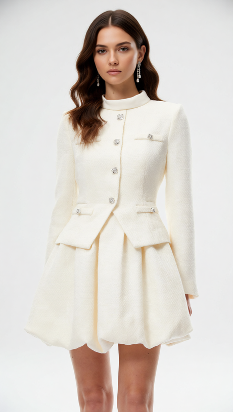 Jenner Luxe White Tweed Mini Dress | Structured Long Sleeve & Embellished Buttons