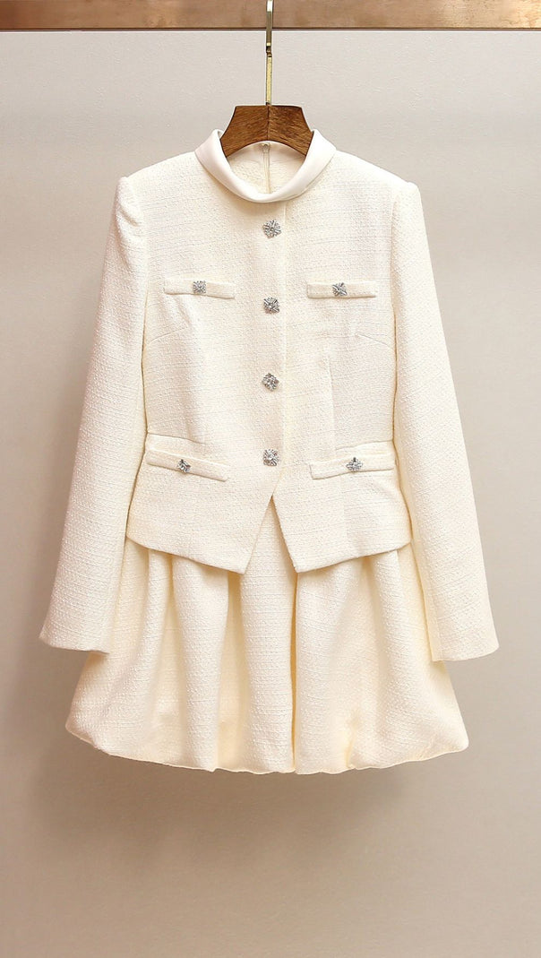 AIIZIE Jenner Luxe White Tweed Mini Dress | Structured Long Sleeve & Embellished Buttons - product image