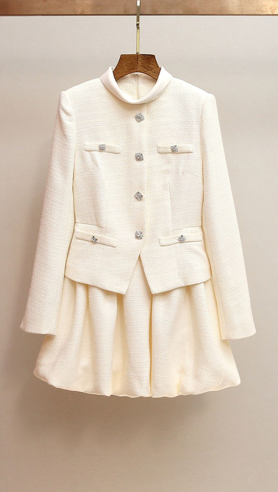 Jenner Luxe White Tweed Mini Dress | Structured Long Sleeve & Embellished Buttons