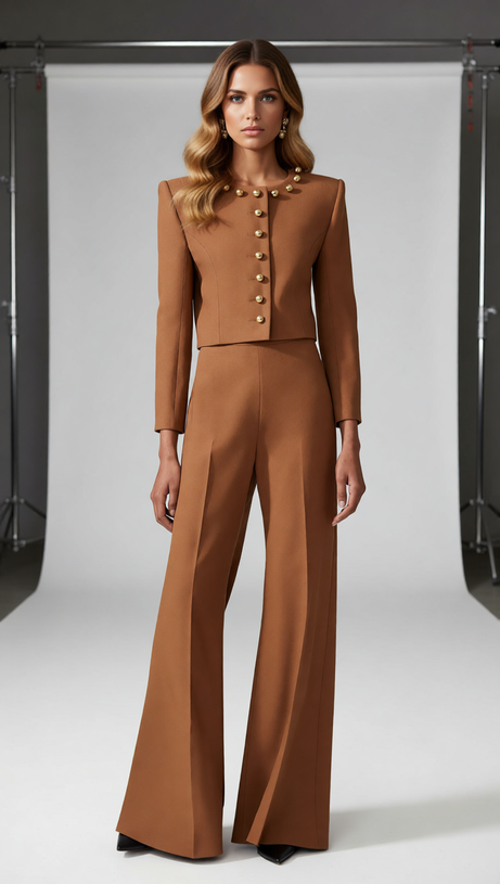 Jennifer Chic Gold Button Cropped Jacket & Wide-Leg Pants Set