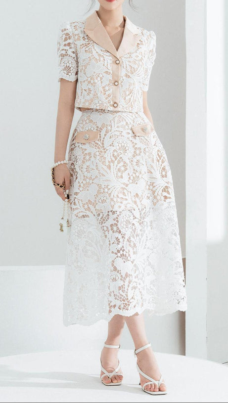 leona Cropped Peak Lapel Lace top skirt set in white