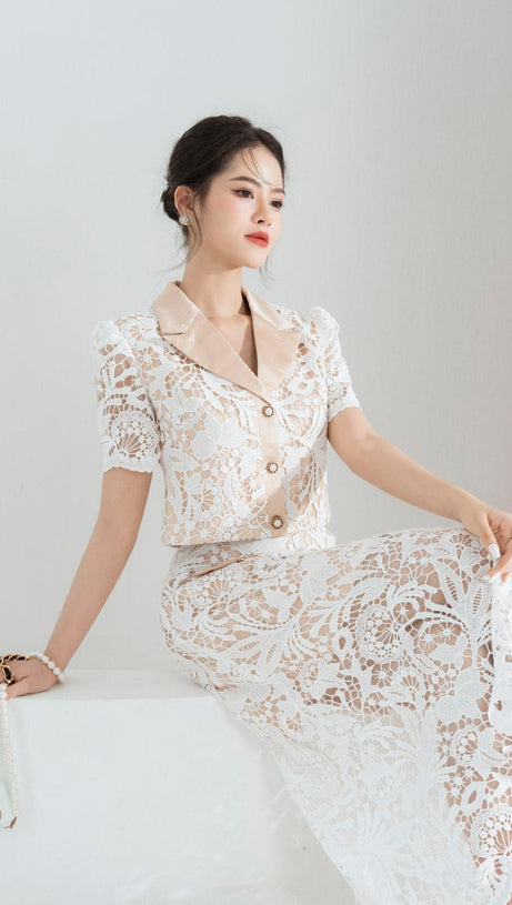 leona Cropped Peak Lapel Lace top skirt set in white