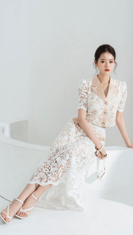 leona Cropped Peak Lapel Lace top skirt set in white