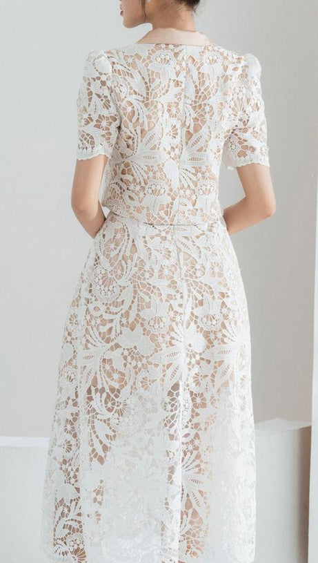 leona Cropped Peak Lapel Lace top skirt set in white