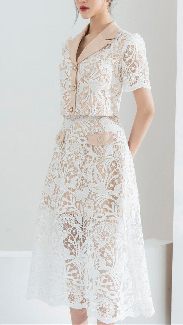 AIIZIE leona Cropped Peak Lapel Lace top skirt set in white - product image