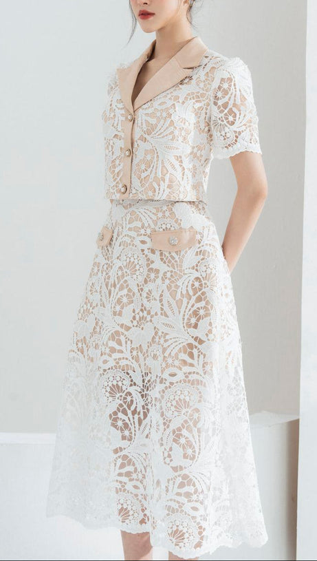 leona Cropped Peak Lapel Lace top skirt set in white