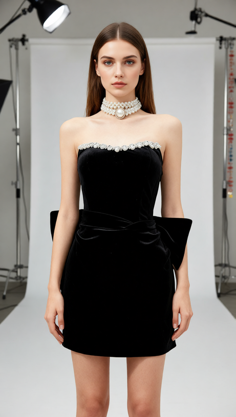 Jens Glamorous Black Velvet Strapless Mini Dress | Rhinestone Illusion & Statement Bow