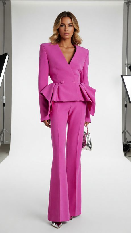 Jered Magenta Peplum Power Suit Set - Women's Chic Two-Piece Blazer & Wide-Leg Pants