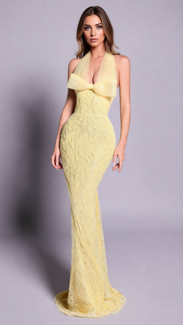 AIIZIE Jermaine Yellow Halter Bow Beaded Maxi Gown | Glamorous Evening & Gala Dress - product image