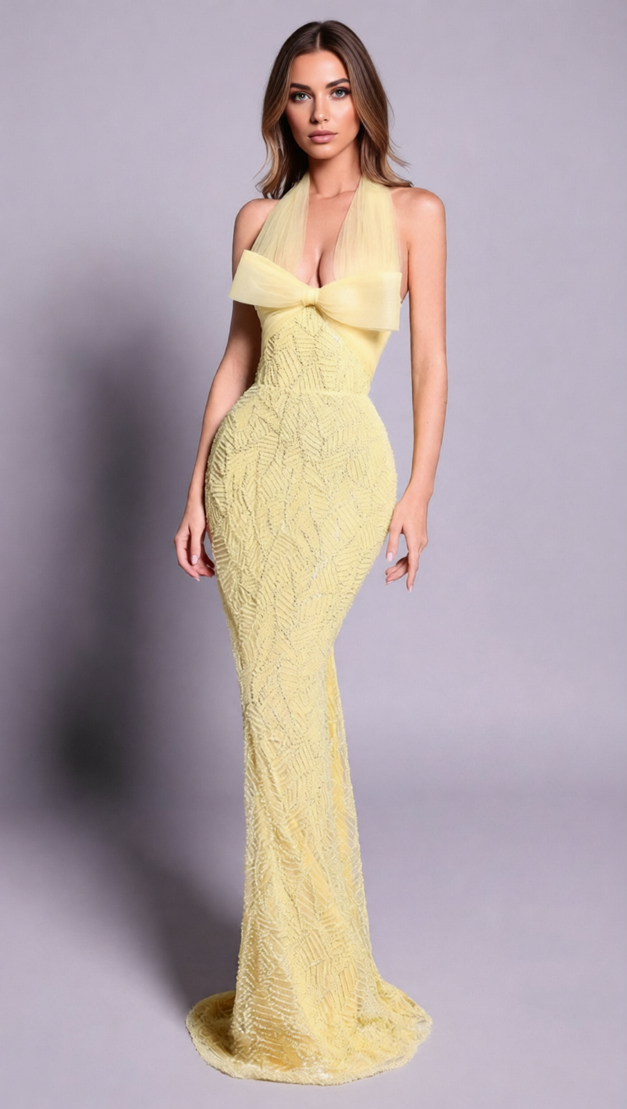 Jermaine Yellow Halter Bow Beaded Maxi Gown | Glamorous Evening & Gala Dress