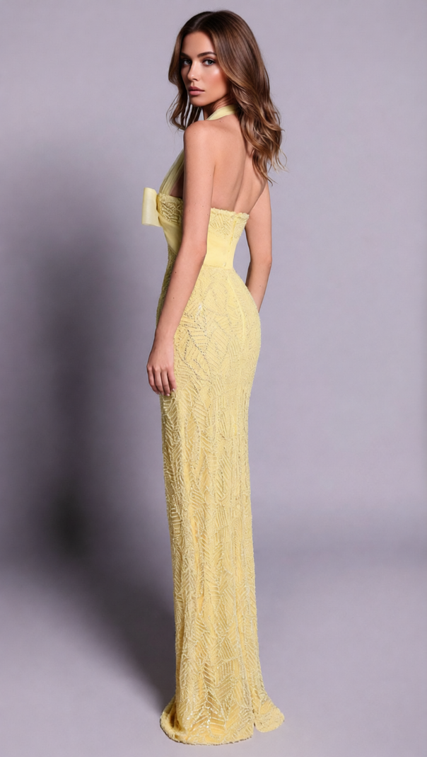 AIIZIE Jermaine Yellow Halter Bow Beaded Maxi Gown | Glamorous Evening & Gala Dress - product image