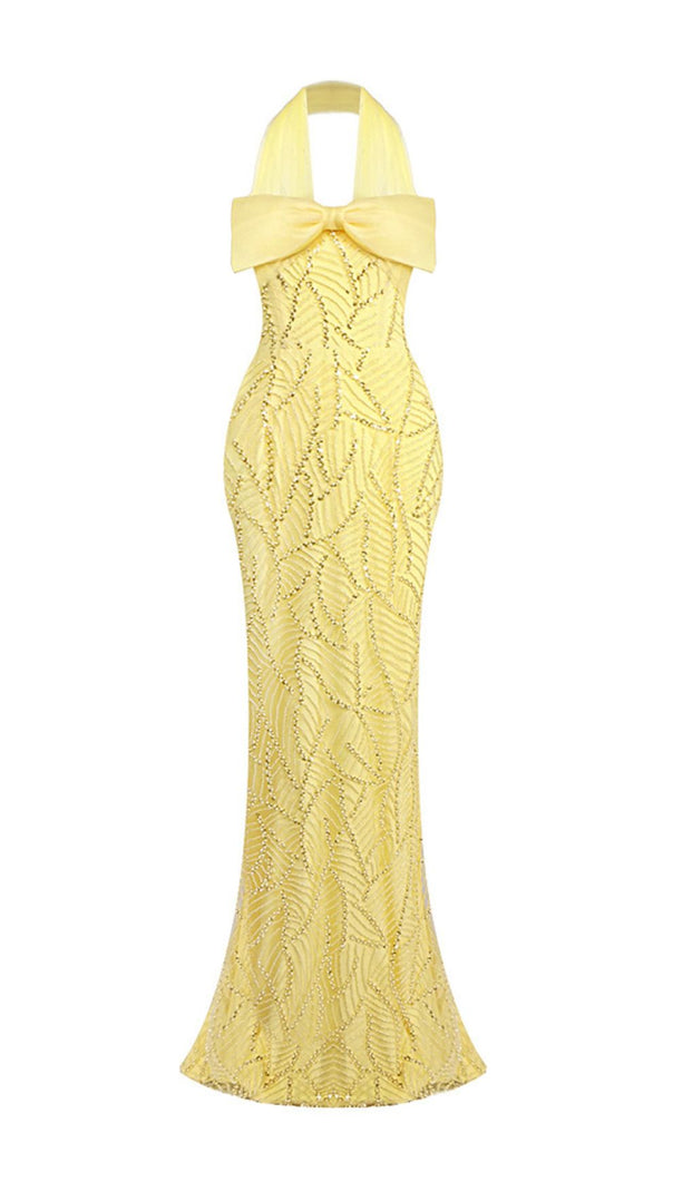AIIZIE Jermaine Yellow Halter Bow Beaded Maxi Gown | Glamorous Evening & Gala Dress - product image