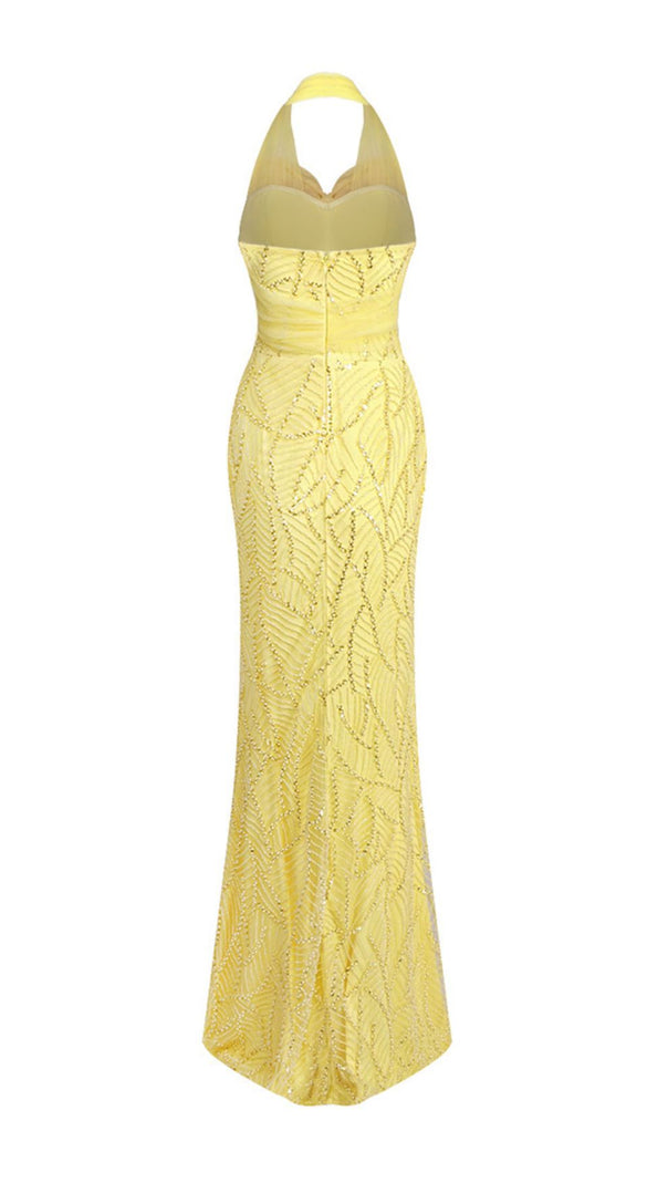 AIIZIE Jermaine Yellow Halter Bow Beaded Maxi Gown | Glamorous Evening & Gala Dress - product image