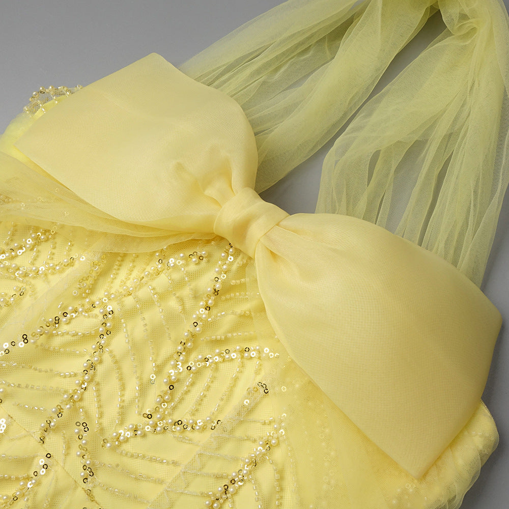 AIIZIE Jermaine Yellow Halter Bow Beaded Maxi Gown | Glamorous Evening & Gala Dress - product image