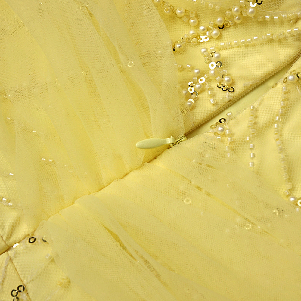 AIIZIE Jermaine Yellow Halter Bow Beaded Maxi Gown | Glamorous Evening & Gala Dress - product image