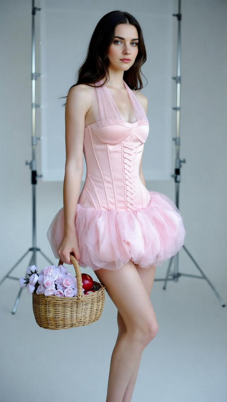 Jerrell Pink Coquette Halter Corset Tutu Mini Dress - Balletcore Style AIIZIE Jerrell Pink Coquette Halter Corset Tutu Mini Dress - Balletcore Style AIIZIE