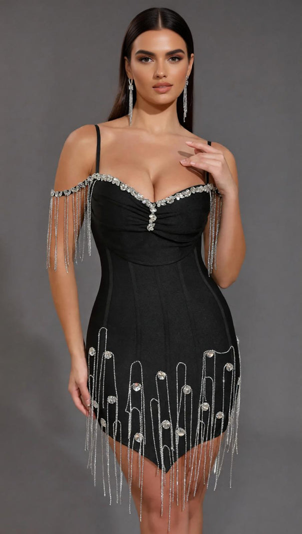AIIZIE Dazzling Diamante Tassel Bandage Mini Dress - Glamorous Off-Shoulder Club & Partywear - product image